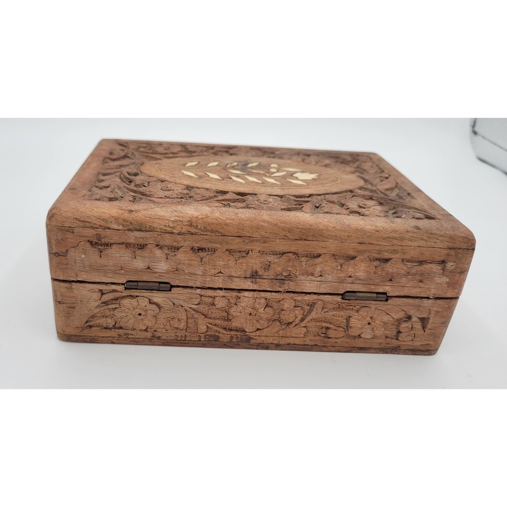 Vintage Wooden Hand Carved Hinged Jewelry Trinket Box Floral Inlay India 1980s